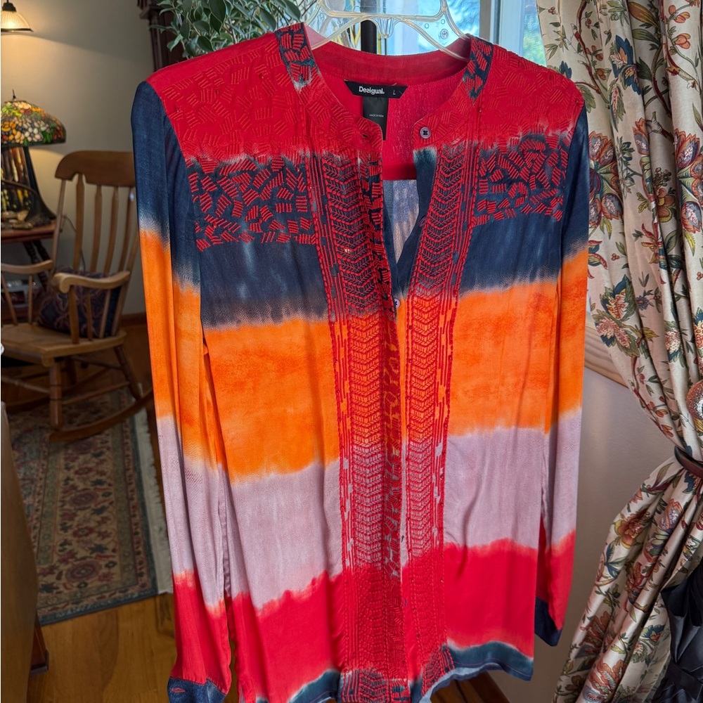 Desigual Red and Orange Tie-Dye Style Embroidered Beaded Blouse